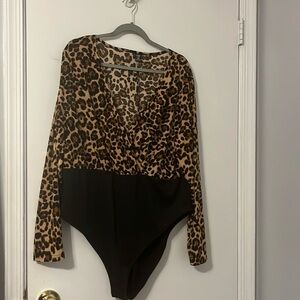 Leopard print bodysuit 4XL V neck Black/ Brown/Tan  PTP 22”